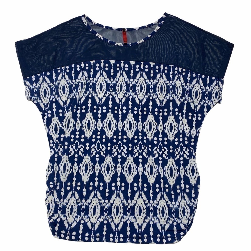 GEOMETRIC Blue White Sheer Mesh Yoke Blouse